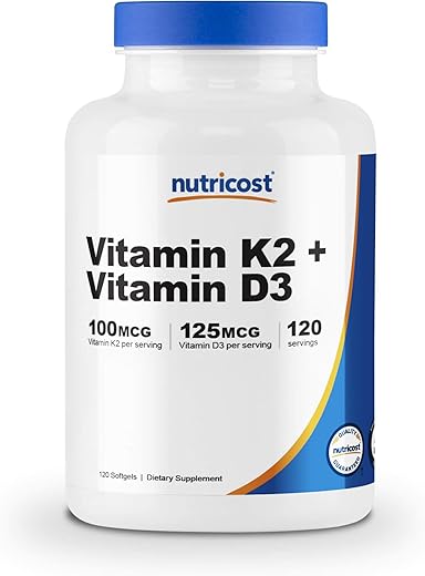 Nutricost ビタミンK2（100mcg）+ ビタミンD3（5000IU）120ソフトカプセル、非GMO、グルテンフリー