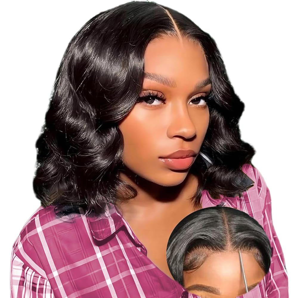 Human Hair Wig Glueless Wig Wear and Go 4x4 Pre Cut Lace Front Body Wave Wig Brazilian Straight Bob Pre Plucked Brazilian Wigs Natural Hairline Wig for Women 180% Density 14 inch (35cm) — image 1