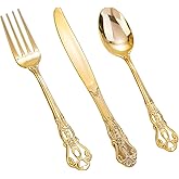 Joyido 150 Pieces Gold Plastic Silverware - Heavy Duty Gold Disposable Utensils - Fancy Plastic Cutlery Set Includes 50 Forks, 50 Spoons, 50 Knives for Holidays Parties Weddings