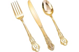Joyido 150 Pieces Gold Plastic Silverware - Heavy Duty Gold Disposable Utensils - Fancy Plastic Cutlery Set Includes 50 Forks, 50 Spoons, 50 Knives for Holidays Parties Weddings