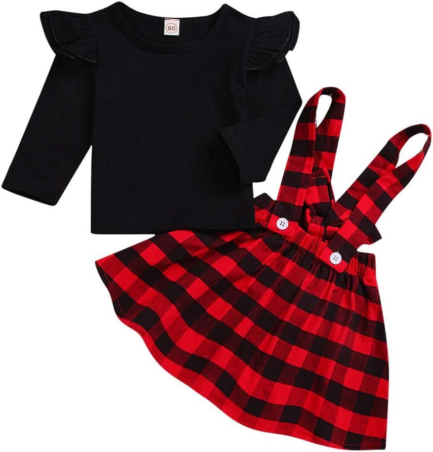 Toddler Little Kids Baby Girls Dresses Outfits Long Sleeve Ruffle T-Shirt Overalls Strap Dress Clothes Set Plaid Skirt