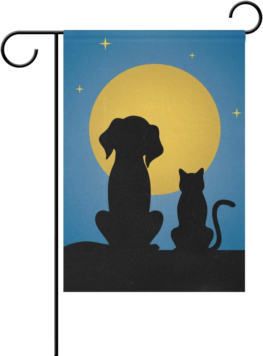 VIKKO Silhouette of Dog Cat Moon Starry Night Garden Flag Small Yard Flag Double-Sided Welcome Polyester Yard Banner for Outdoor Home Decor - 12 x 18 Inch