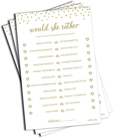 Amazon Com 50 Would She Rather Game Gold Dot 50 Sheets Bridal Wedding Shower Or Bachelorette Party Game Printed Engagement Rehearsal Large Size Sheets Baby