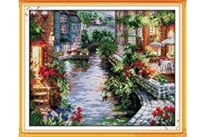 Stitchmelody 14CT Counted Cross Stitch Kits,DMC Unprinted Pattern Embroidery Set Needlework-The Lakeside Houses 18.9''×15.7''