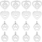 PH PandaHall 24pcs 4 Styles Stainless Steel Dog Paw Prints Charm, Heart Pendants Puppy Prints Pet Print Charms Animal Footprint Charm Jewelry Findings for Jewelry Necklace Bracelet Making Supplies