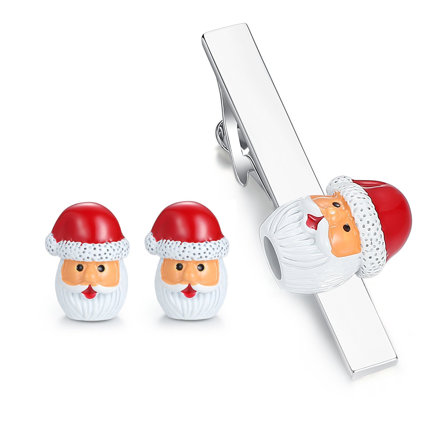 HONEY BEAR Christmas Santa Claus Cufflinks & Tie Clip Set,Stainless Steel with Gift Box