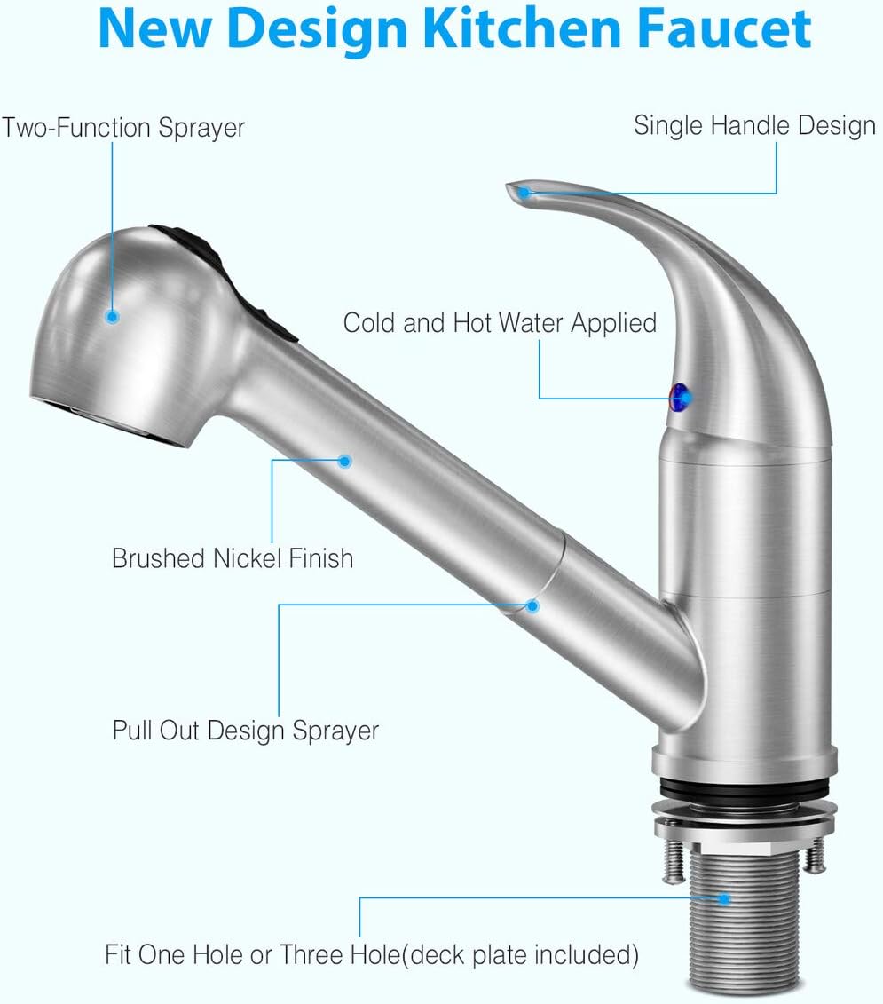 LEPO Kitchen Faucet Single Handle Low Arc Brushed Nickel Single Lever Pull Out Sprayer Kitchen Sink Faucet, Bar Sink Faucet with Deck Plate - - 
