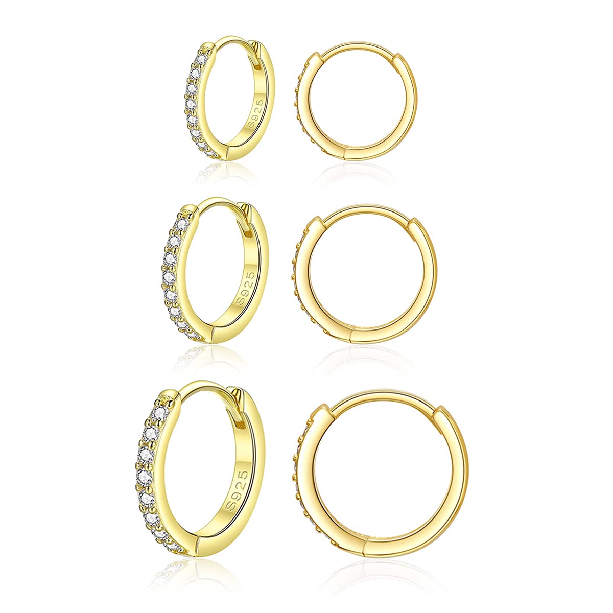Deyanse Silver Hoops Earrings for Women, 925 Sterling Silver Gold Hoop Earrings Set with Cubic Zirconia, Small Sleeper Huggie Hinged Hoops Earring, Unisex Hoop Earring Set in 10, 12, 14mm