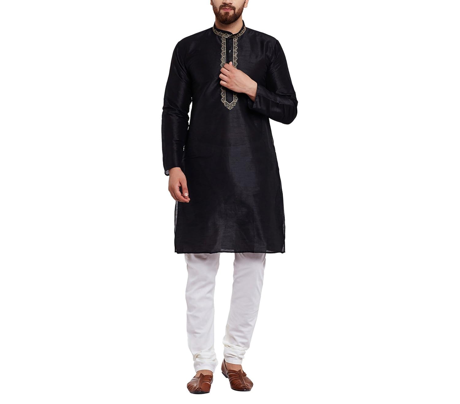 sojanya (since 1958) men's dupion silk kurta & churidaar pyjama with front embroidery