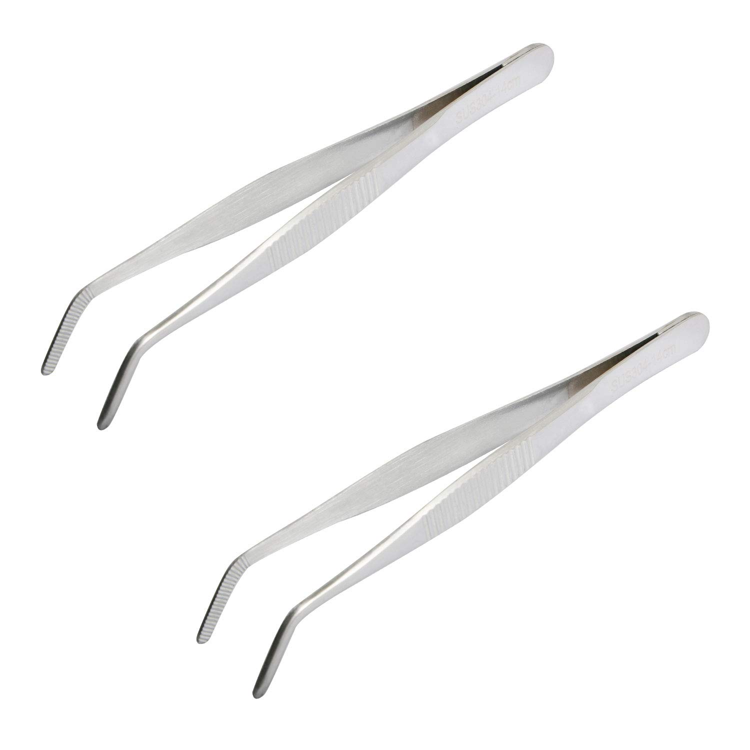 LAOSEP 304 Stainless Steel Curved Serrated Tip Tweezers, 2pcs, Silver