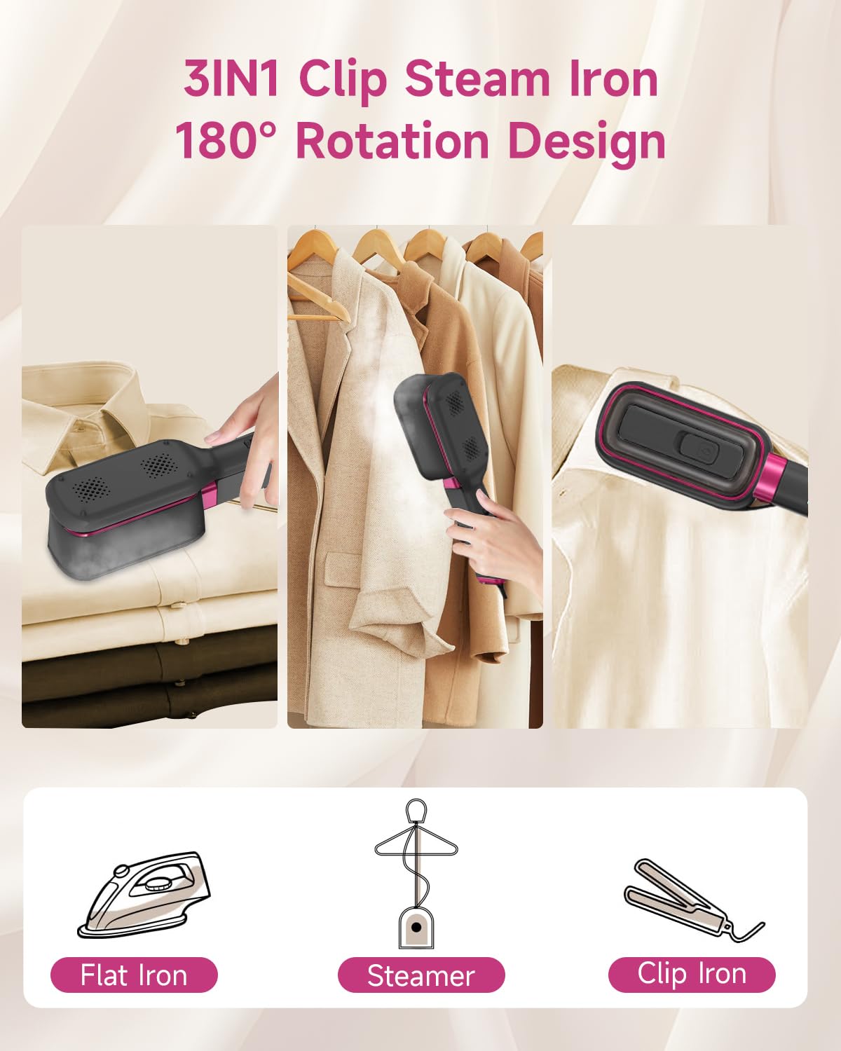 3-in-1 Travel Press Iron Steamer for Clothes, 1000W, 20s Fast Heat Up, 180° Rotating, Portable Handheld Clamp & Vertical Steamer, 65ml Tank, Gray