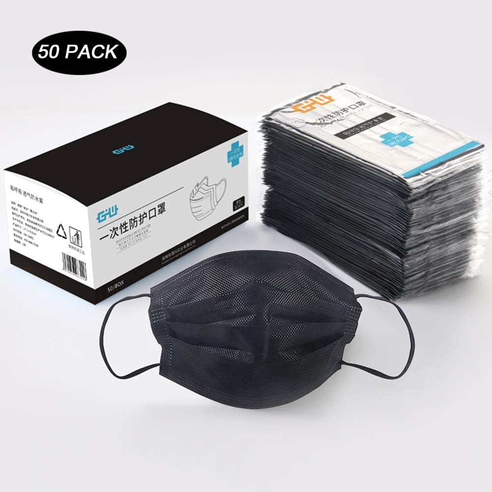 Individual Pack Disposable Flu Pollen Procedure Surgical Face Mask, 50PCS Allergy Sanitary Masks Earloop Dust-Proof Fliter Mouth Cover Mask for Medical Dental Clinic, Nail Salon, Black