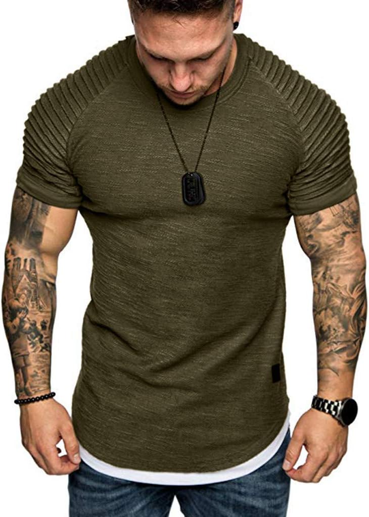 Plain Tees for Men, Workout Muscle Pleated Sleeve Longline T-Shirts Summer Sport Stylish Short Sleeve O-Neck Tops by Leegor