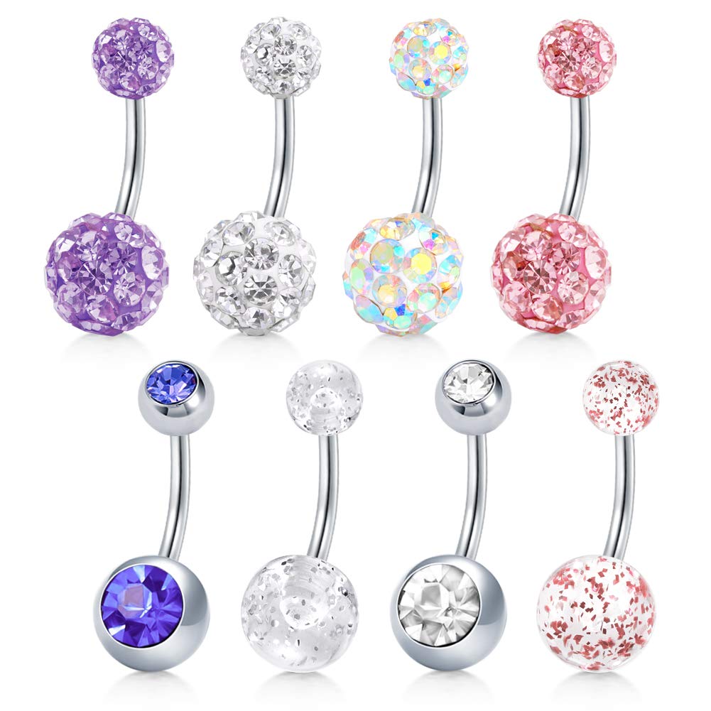 AceFun 8 Pcs 14G Stainless Steel Belly Button Rings Rhinestone Disco Balls Screw Navel Bars Body Piercing for Women Girls