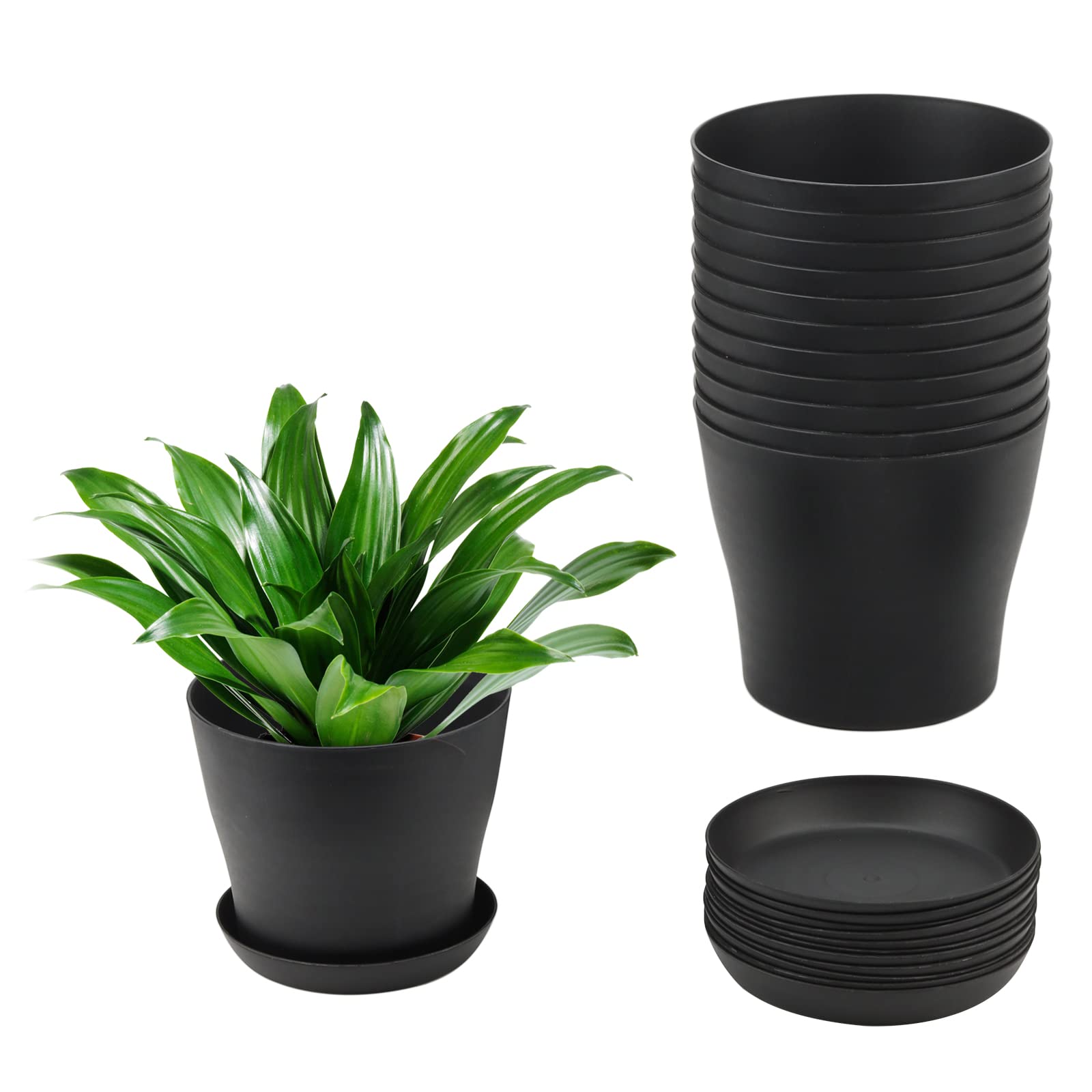 MUKCHAP 12 Pack 17cm Plastic Plant Pots with Saucers, Black Plastic Planters with Drainage, Round Flower Plant Pots for Indoor and Outdoor