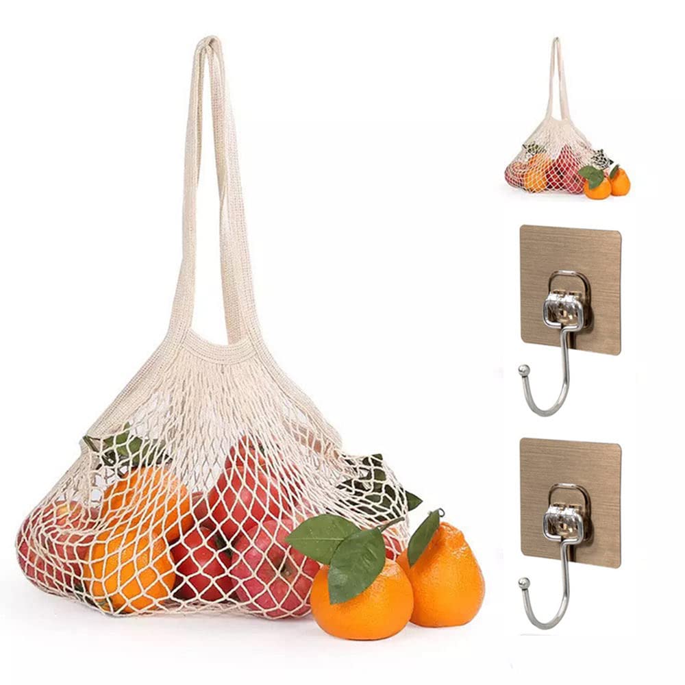 Reusable Net String Shopping Bags Grocery Mesh Bags 2 Pack Cotton Mesh Produce Bags With 2 hooks Organic Grocery Shopping Bags Tote Handbag for Vegetables Fruits Commodities Outgoing Travel