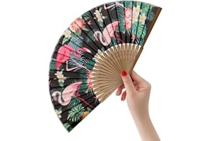 HeyToo Women Held Hand Folding Fan - Bamboo Printed Pattern Foldable Fan - Ideal for Decoration, Wedding, Themed Anniversary Party, Church, EDM, Festivals, Dancing and Gifts (Flamingo)