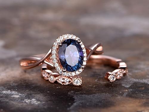 Amazon Com Alexandrite Engagement Ring Set Oval Color Changing Alexandrite Ring Silver Unique Art Deco Wedding Band Rose Gold Plated Criss Cross Ring Handmade