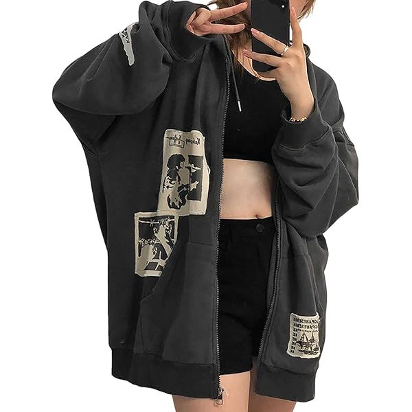 Amazon.com: grhaat Hip Hop Y2k Letter Print Hoodie Full Zip