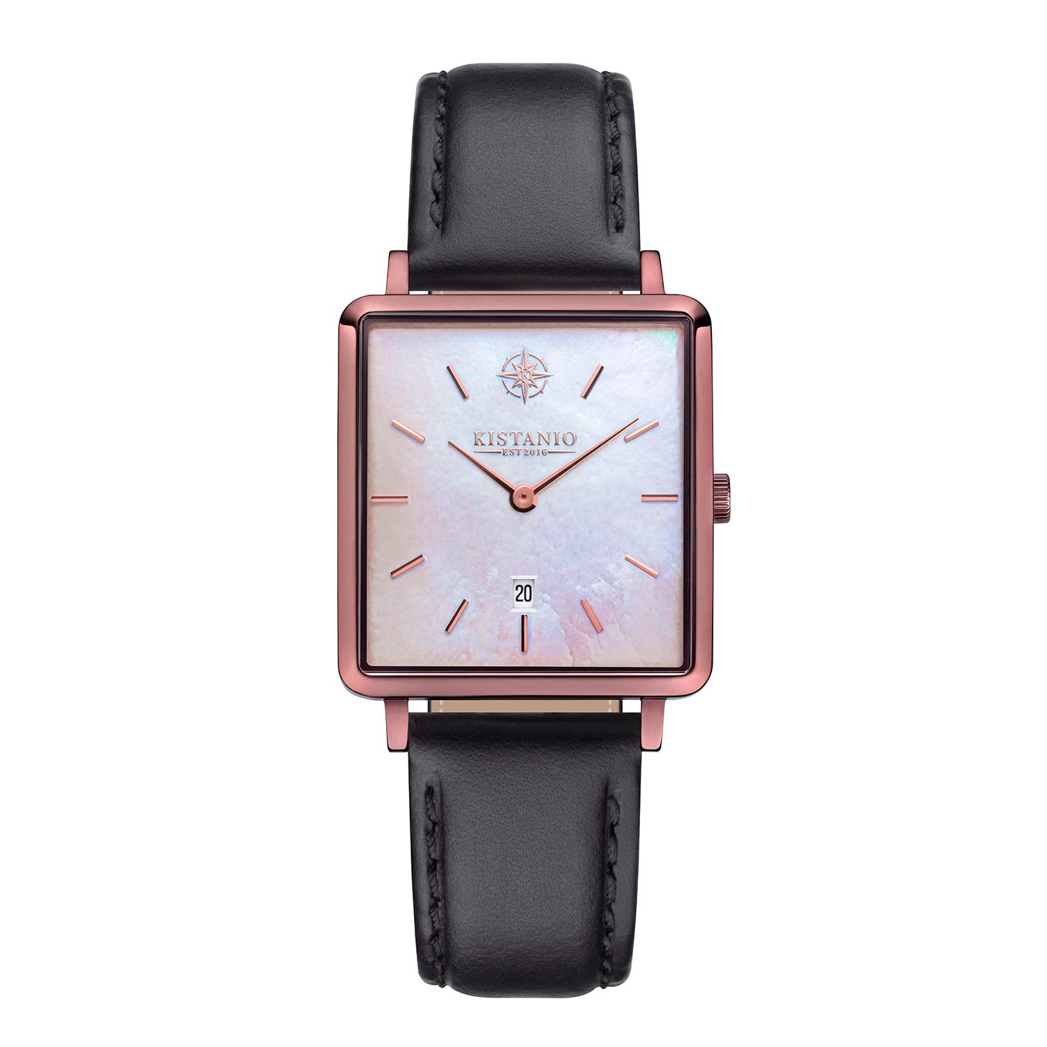 Kistanio Carré Flat Women's Watch with Leather Strap Sapphire Glass Rectangular Stainless Steel Date Various Variations, Mocha / Mother of Pearl / Black, Strap.