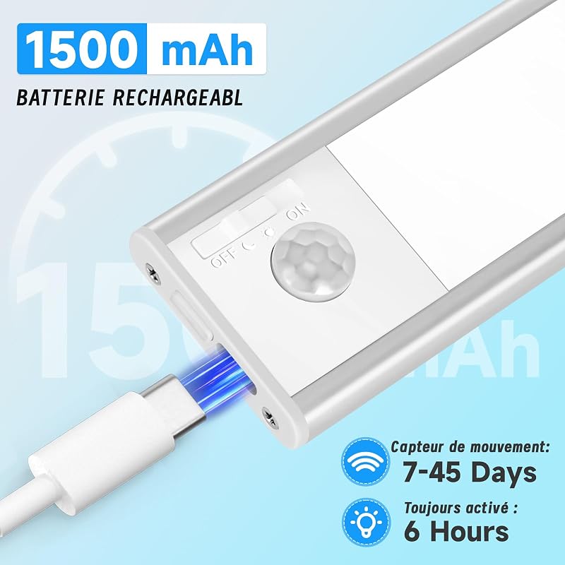 Reglette Led Sous Meuble Cuisine 24cm, 6500k Lumière avec Detecteur De Mouvement Interieur, 1500mAh Lampe Rechargeable USB, Adaptée pour Placard Veilleuse Escalier Couloir (2 Pack)