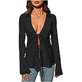 SHENHE Women's Deep V Neck Long Sleeve Open Front Tie Up Collared Sexy Blouse Shirt Top
