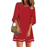 LookbookStore Women Casual Crewneck Mesh Panel 3/4 Bell Sleeve Loose Tunic Dress