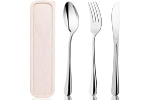 HANSGO Travel Utensils with Case, 4PCS Stainless Steel Portable Cutlery Set, Built-in Card Slot Design for Fixing Tableware, Easy-Open Lid, Lunch Box for Camping Work School, Dishwasher Safe, Beige