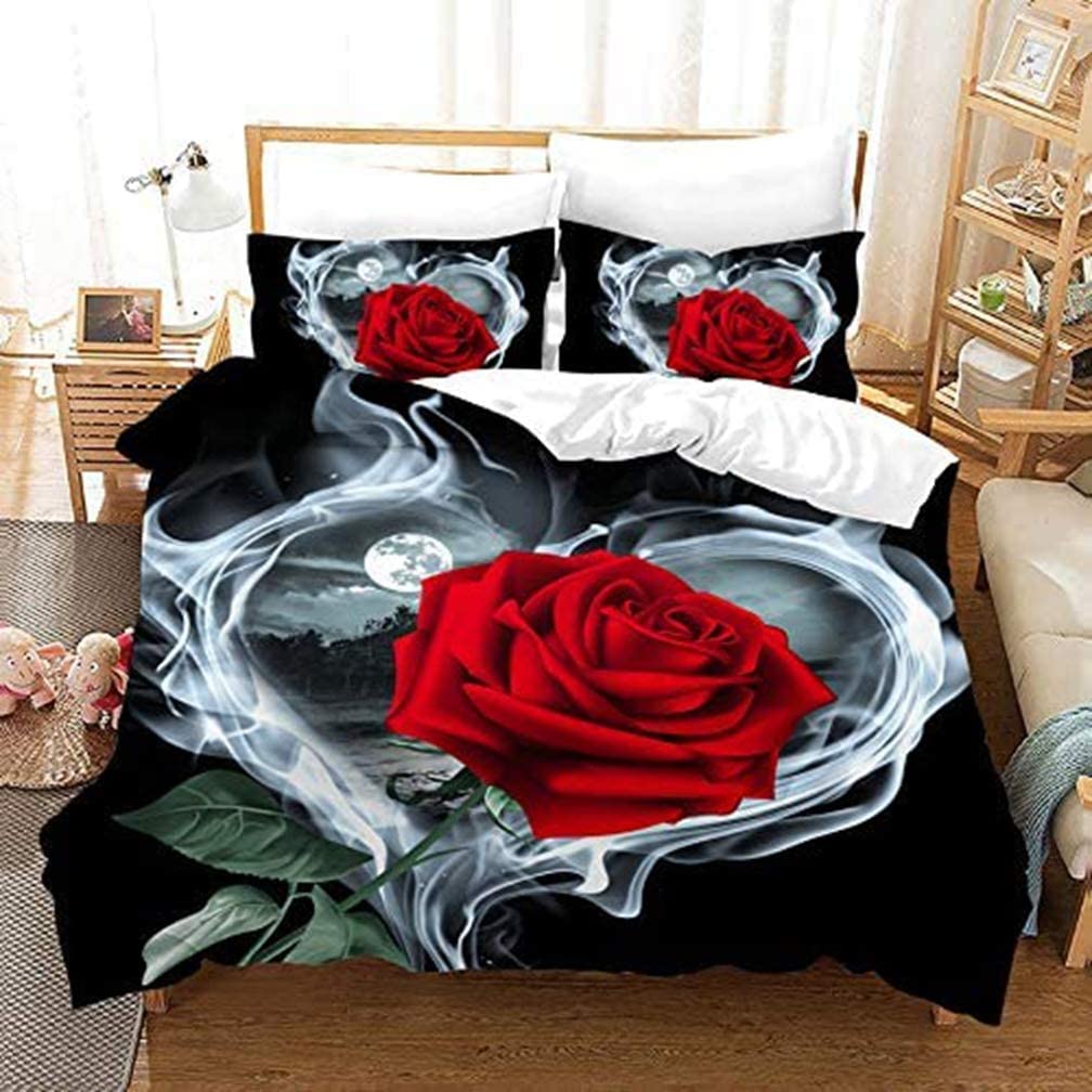 AOXHFNV Rose Duvet Cover Set 3D Red Rose Bedding Set Girls Creative Bedding Set 3-Piece with 2 Pillowcases (Red B, 220 x 240 cm)