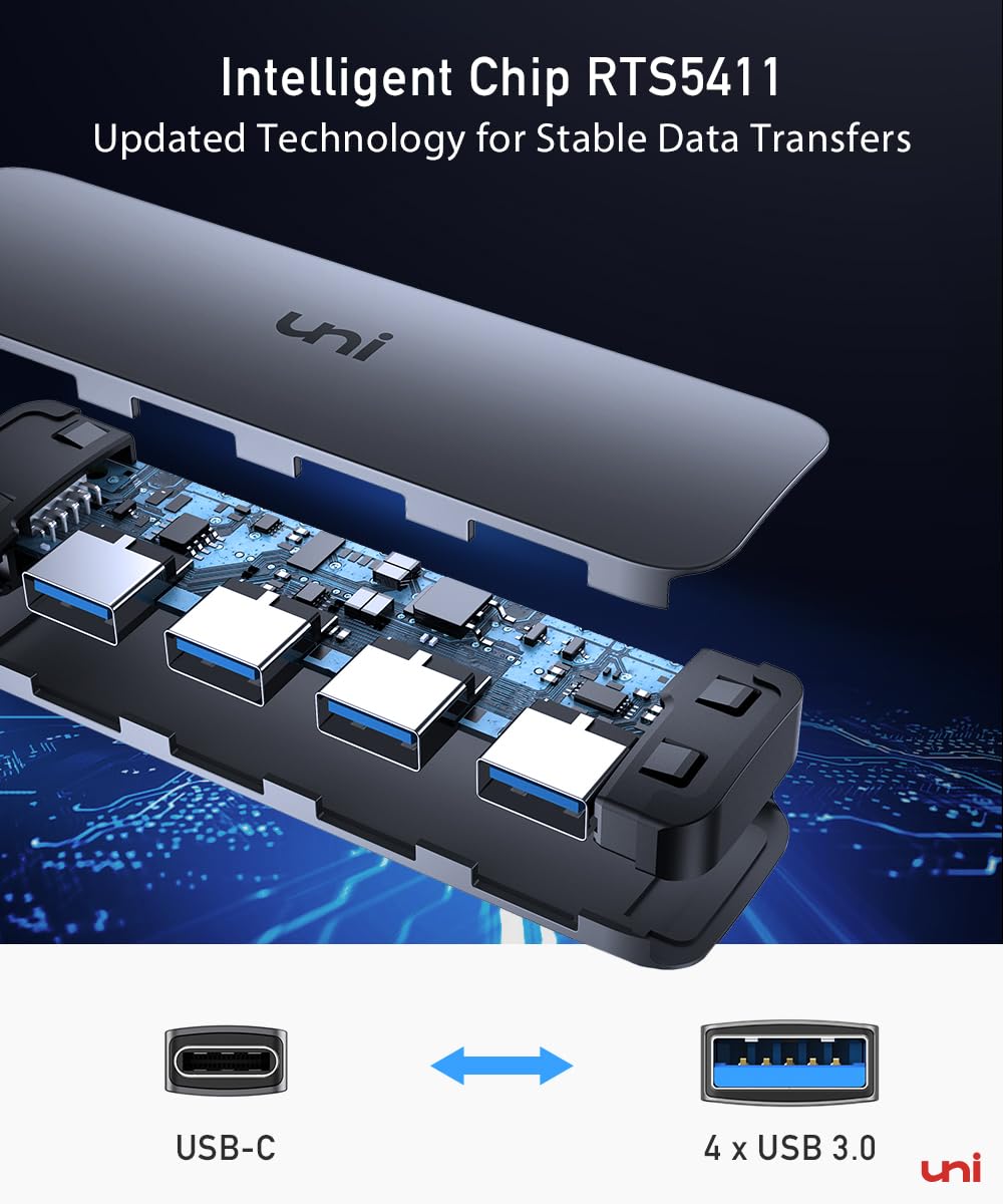 uni USB C Hub mit 4-Port USB 3.0 ultradünner Daten-Hub aus Aluminium, für MacBook Pro/Air, iPad Pro/Air, Dell XPS, Surface Book, iPhone 15 Serie usw. 5