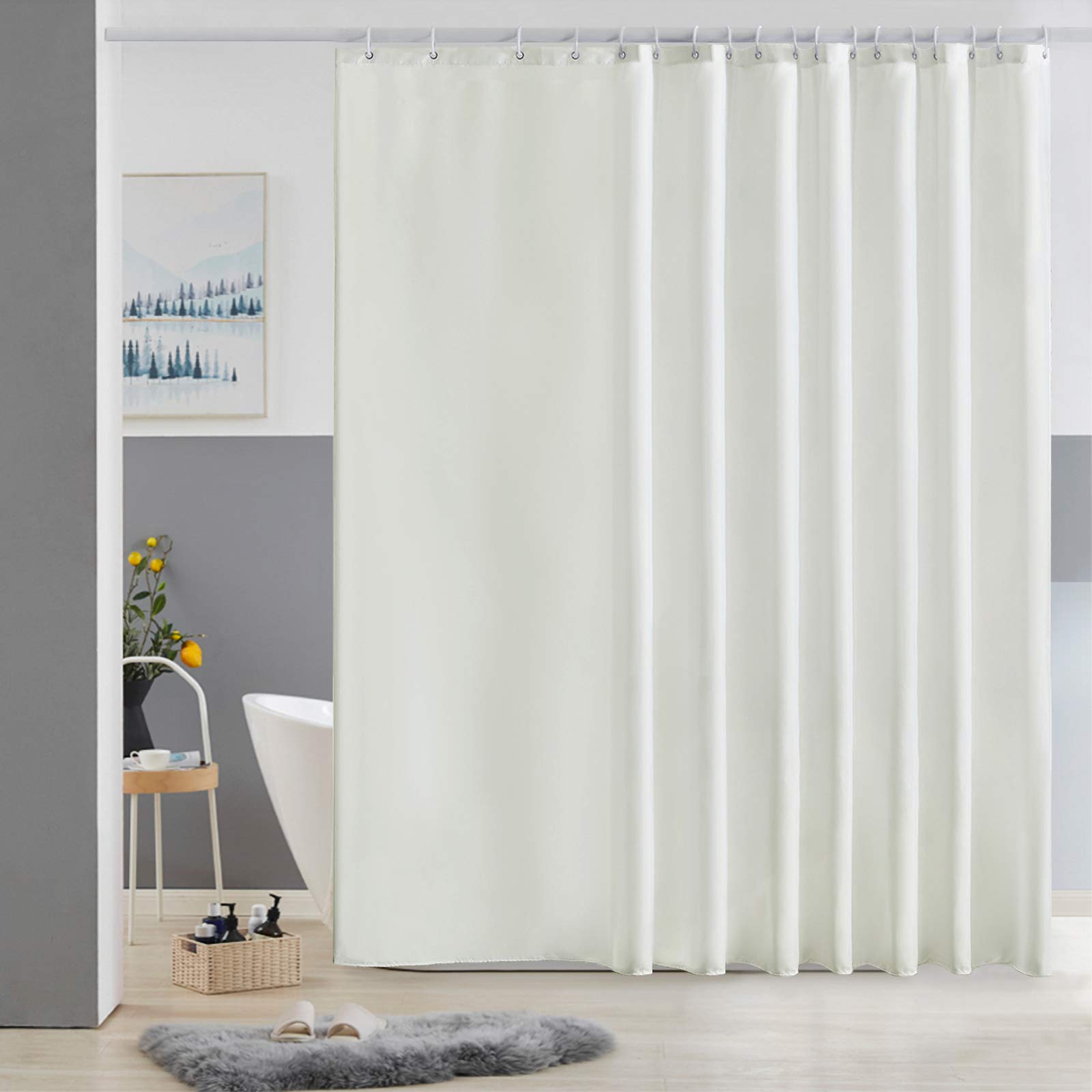 Furlinic Extra Wide Shower Curtain Fabric Washable Mould Proof Waterproof for Bathroom Beige Bath Curtains Sets With 18 PCS Plastic Hooks Dark Grey 108 x 72 Inch 275 x 180cm.