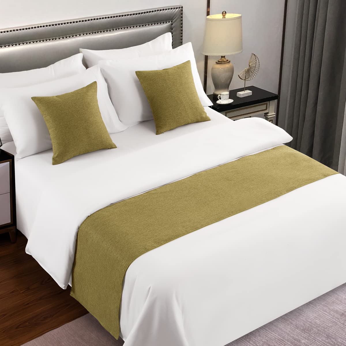 AMBERIS Bed Runner Green, Imitation Linen Decorative Bed Scarf for Home Hotel (Pillowcases sold separately)