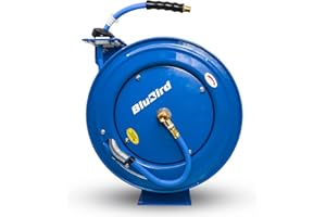 BLUBIRD BBRHD1250 18ga. Retractable Hose Reel with 1/2" X 50' Air Hose, 12 Point Ratcheting Gear, Next-Gen Rubber, Lightest, Strongest, Most Flexible, 300 PSI, -50F to 190F Degrees, Polyester Braided
