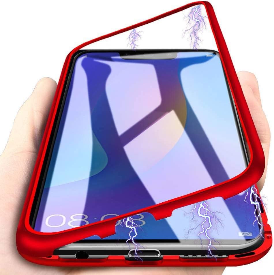 Colala Huawei P smart 2019 Magnetic Case, Magnetic Adsorption Technology Metal Frame Case Aluminum 9H Tempered Glass Back Cover Transparent Anti Scratch Shockproof Case for Huawei P smart 2019 - Red