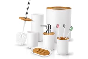 6 Pcs Bamboo and Plastic Bathroom Accessories Sets, Includes Toothbrush Cup, Toothbrush Holder, Soap Dispenser, Soap Dish, To
