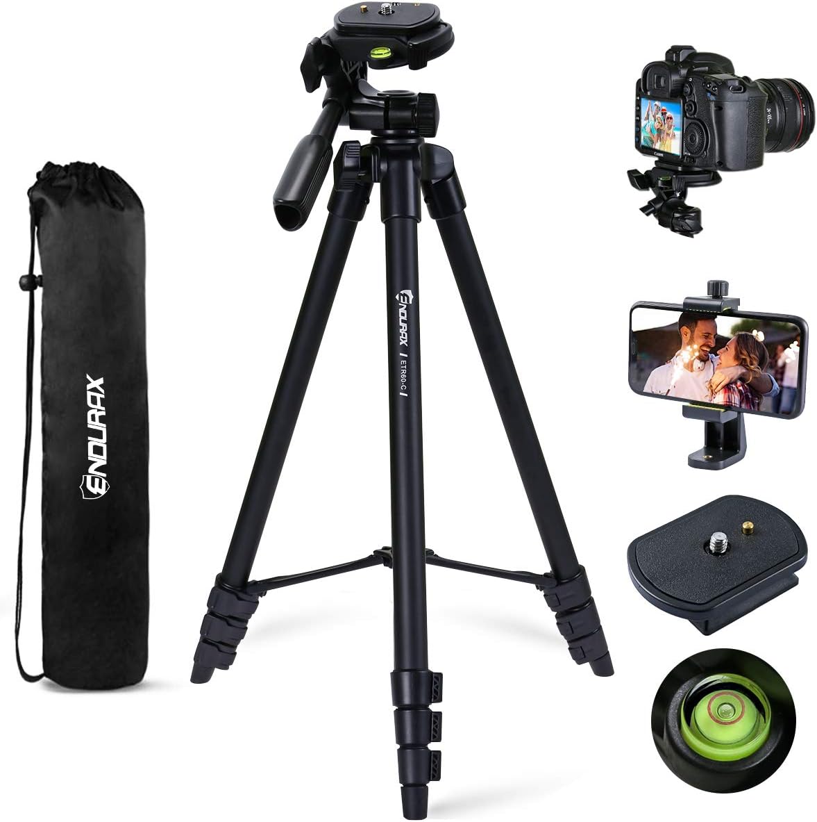 Endurax 60'' Camera Phone Tripod Stand for DSLR Canon Nikon with Universal Phone Mount, Bubble Level and Carry Bag : Camera & Photo