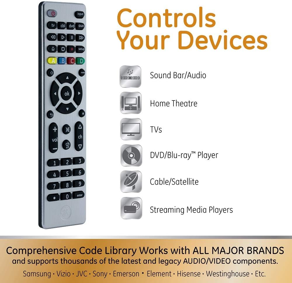 GE Universal Remote Control for Samsung, Vizio, LG, Sony, Sharp, Roku, Apple TV, RCA, Panasonic, Smart TVs, Streaming Players, Blu-ray, DVD, 4-Device, Silver, 33709: Electronics