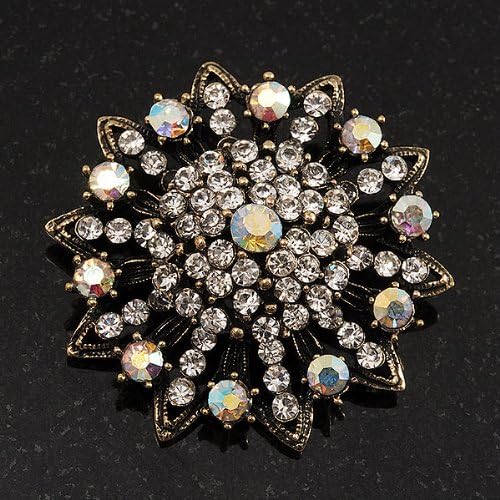 Clear/Iridescent Crystal Dimensional Floral Corsage Brooch (Antique Gold Tone), white / ivory, gold - Image 4