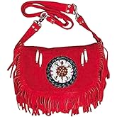 Southwest Genuine Suade Leather Purse with Fringes, Beads, Silver Tone Conchos and Bone Hair Pipes