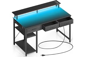 Rolanstar Computer Desk with Power Outlets & LED Light, 39 inch Home Office Desk with 3 Drawers and Storage Shelves, Writing Desk with Monitor Stand, Modern Work Desk for Home Office, Carbon Black