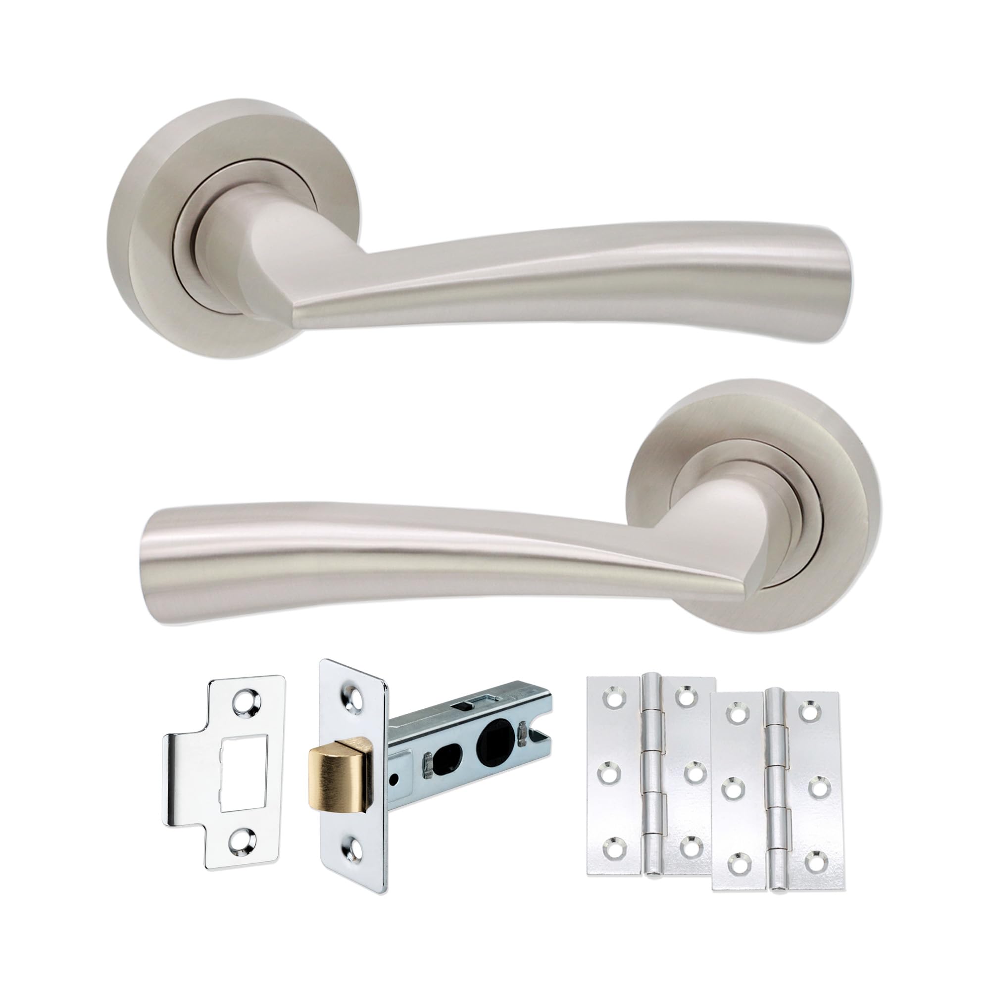 Infinity Decor Pair of Loyal Lever on Round Rose Satin Nickel Door Pull Handles with Tubular Latch and Hinges Set for Interior & Exterior Use