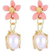 Flower Pearls Drop Statement Earrings for Women,14K Gold Bohemia Large Pearl Plants Dangling Earrings Party Prom Trendy Jewelry Gifts