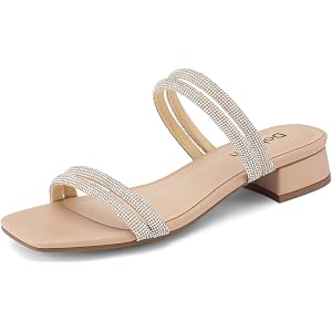 DOBOLIN Rhinestone Heels 1.3 Inch Strappy Square Open Toe Heeled Sandals Slip on Sparkly Low Block Chunky Heels for Women Dre