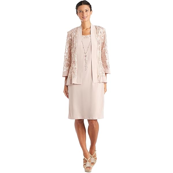 women's r&m richards beaded godet jacket & dress set R&M Richards 8442P Short Beaded Petite Jacket Dress