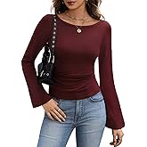 BESTPOEM Womens Long Sleeve Bell Sleeve Cropped Tops Valentine's Day Dressy Casual Boat Neck Ruched Cotton T-Shirts