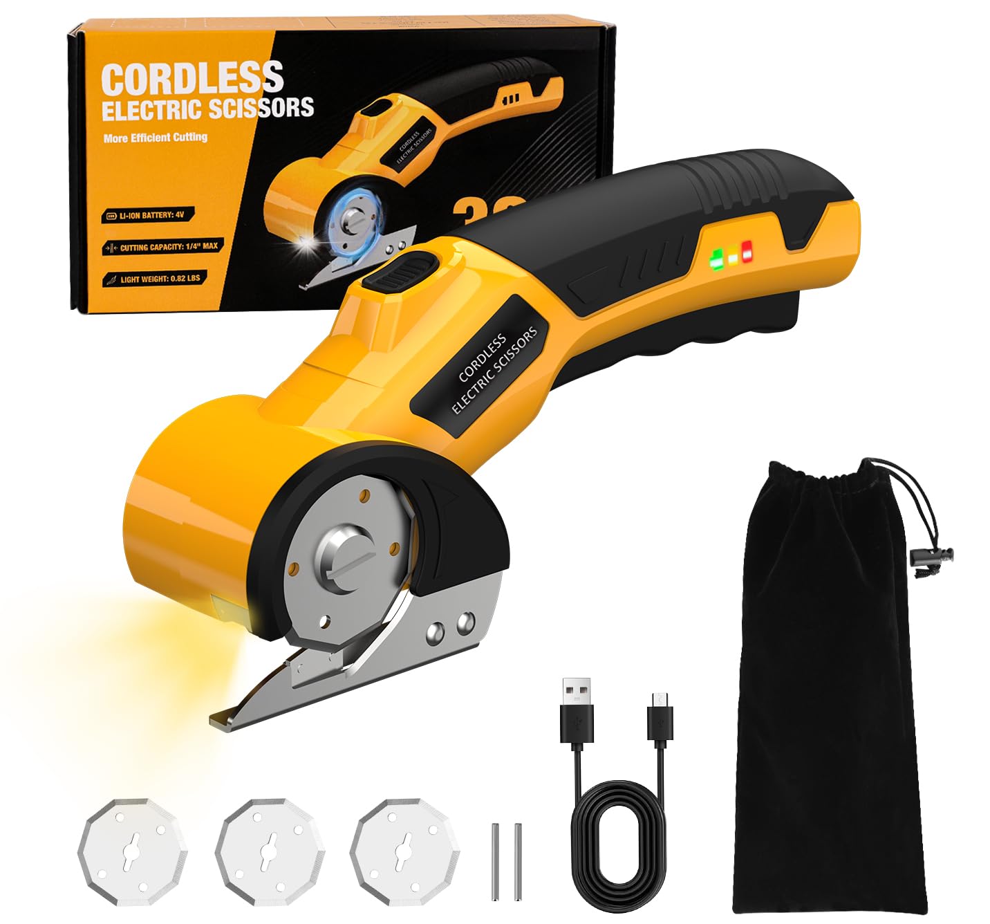Cordless Electric Scissors,4V Rechargeable Cardboard Cutter Heavy Duty Scissor with Safety Lock & LED Light for Box Carpet Pl