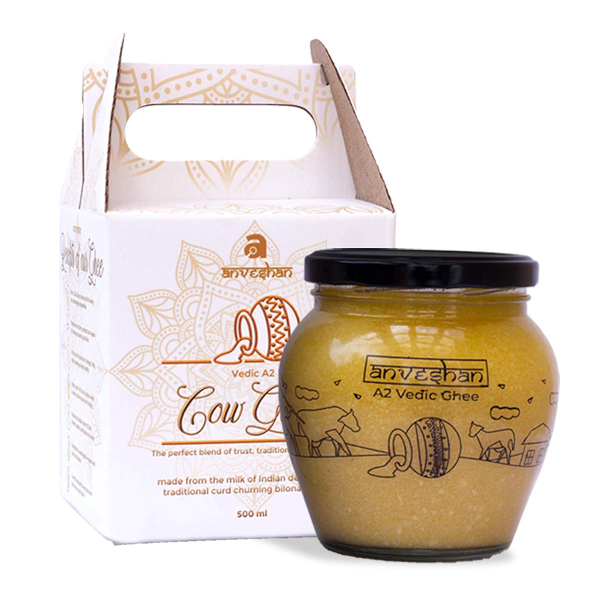 Anveshan A2 Vedic Cow Ghee 500mL/16.9Oz Glass Jar