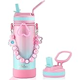 Mininoo Kids Water Bottle for School - 16 oz Stainless Steel Insulated Water Bottle with Ceramic-Lined, Leakproof Straw Lid & Beaded Handle for Girls & Boys