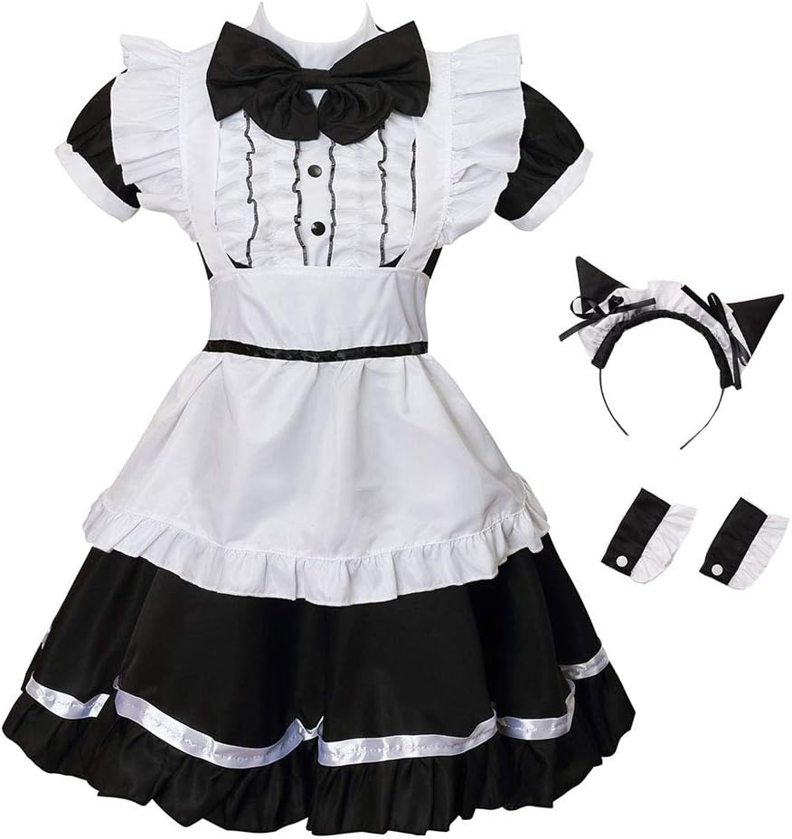 GRACIN Women's Cat Ear French Maid Costume with Apron, 5 Pieces Fancy Dress for Halloween Cosplay