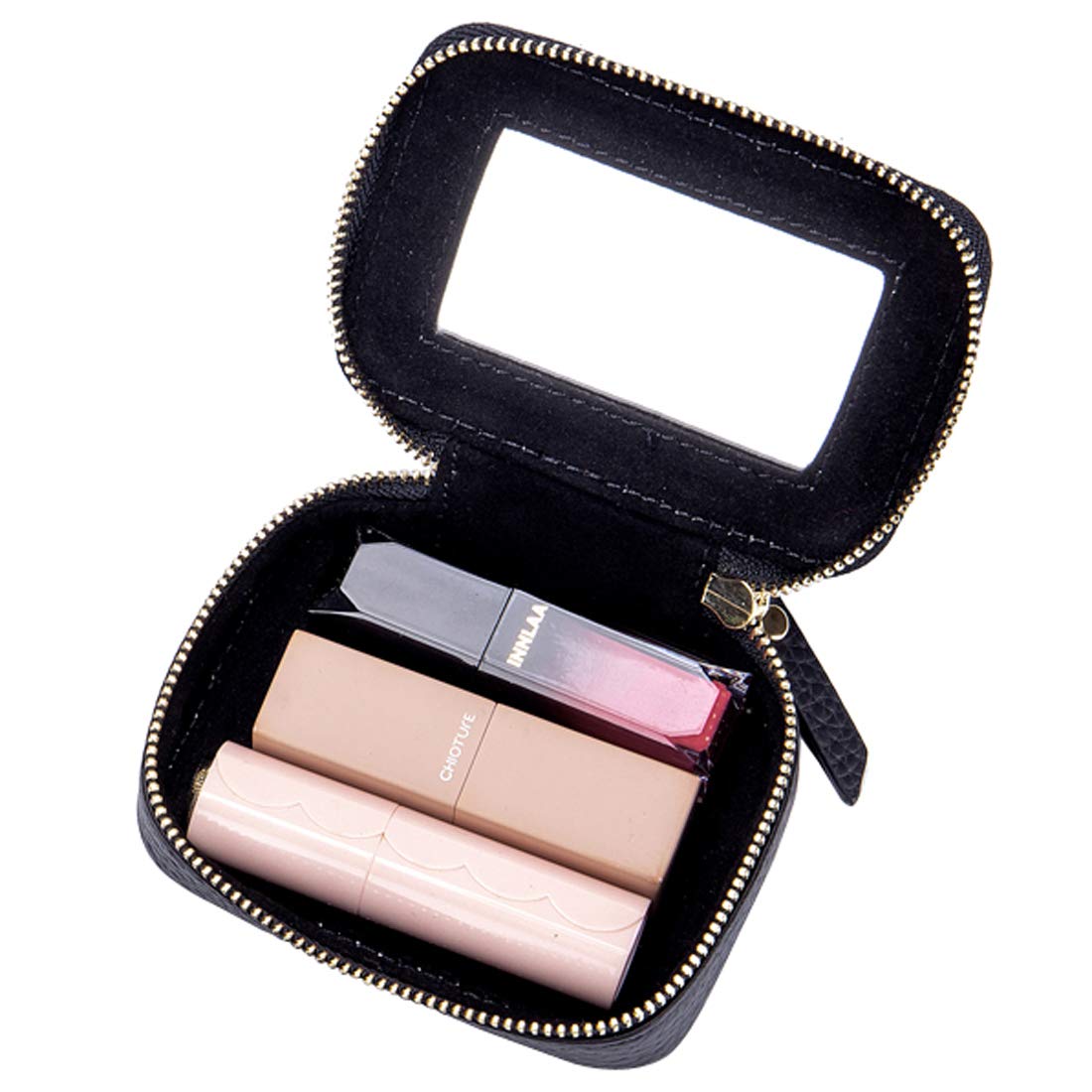 Aileder Mini Lipstick Case Holder Box with Mirror Genuine Leather Small Travel Makeup Cosmetic Pouch Bag Storage Kit for Women Girls (Black)